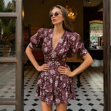 Load image into Gallery viewer, Vienna Bloom Ruffle Mini Dress – Chocolate Floral - Dollhouse-Collection