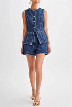 Load image into Gallery viewer, Summer Women's Denim Shorts Suit Sleeveless O-neck Single Breasted Split Top Vest High Waist Wide Leg Shorts 2024 Lady Sets - Dollhouse-Collection