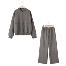 Load image into Gallery viewer, HH Women's Fall 2-Piece Retro Solid Color Zip Bomber Jacket Sweatshirt+High Waist Lace Up Women's Wide Leg Pants Street Wear - Dollhouse-Collection