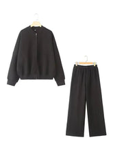 Load image into Gallery viewer, HH Women's Fall 2-Piece Retro Solid Color Zip Bomber Jacket Sweatshirt+High Waist Lace Up Women's Wide Leg Pants Street Wear - Dollhouse-Collection