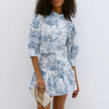 Load image into Gallery viewer, Fashionable Casual Printed Skirt Sweet Suit Office Commuter Women Stand-up Collar Shirt And A-line Dress Printed Blue Skirt Suit - Dollhouse-Collection
