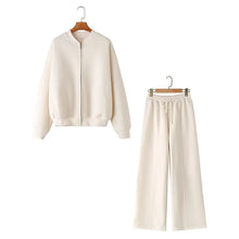 Load image into Gallery viewer, HH Women's Fall 2-Piece Retro Solid Color Zip Bomber Jacket Sweatshirt+High Waist Lace Up Women's Wide Leg Pants Street Wear - Dollhouse-Collection