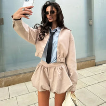Load image into Gallery viewer, Tuularose Women's 2 Piece Fashion Lapel Zip Jacket Pleated Shorts Suit Vintage Streetwear New Party Autumn Female Short Sets - Dollhouse-Collection