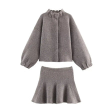 Load image into Gallery viewer, Women's Knitted Jacket Skirt Set Grey Wool Blend Cropped High Neck Jacket And Mini Flared Skirt For Women Fashion Casual XIW6 - Dollhouse-Collection