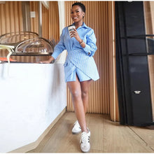 Load image into Gallery viewer, Wrap Skirt Striped Women Two-Piece Set Collared Long Sleeve Shirt With Tie Waist Button Front Casual Matching Outfit - Dollhouse-Collection
