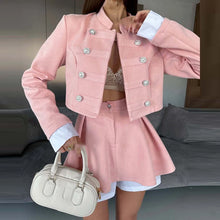 Load image into Gallery viewer, Fashion Stand Neck Blazer Coat with Skirt Outfits Casual Full Sleeve 2Pc Mini Suit Elegant Single breasted Patchwork Skirt Sets - Dollhouse-Collection