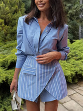 Load image into Gallery viewer, Wrap Skirt Striped Women Two-Piece Set Collared Long Sleeve Shirt With Tie Waist Button Front Casual Matching Outfit - Dollhouse-Collection