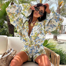 Load image into Gallery viewer, Elegant Green Print 2 Pieces Set for Woman Fashion Lapel Long Sleeve Ruffled Button Shirts and High Waisted Shorts Sets Suit - Dollhouse-Collection