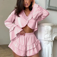 Load image into Gallery viewer, Autumn Ladies Nightwear Suit V-Neck Pajamas Long Sleeve Sleepwear Crop Top Nightgown Shorts Casual Female Nightie Set - Dollhouse-Collection