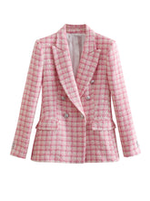Load image into Gallery viewer, Pink Check Tweed Blazer for Women, Retro Button, Long Sleeve, Pocket, Elegant Jacket, Fashion Top, Designer, 2024 - Dollhouse-Collection