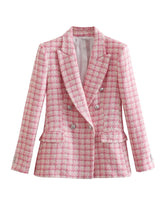 Load image into Gallery viewer, Pink Check Tweed Blazer for Women, Retro Button, Long Sleeve, Pocket, Elegant Jacket, Fashion Top, Designer, 2024 - Dollhouse-Collection