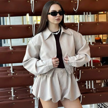 Load image into Gallery viewer, Tuularose Women's 2 Piece Fashion Lapel Zip Jacket Pleated Shorts Suit Vintage Streetwear New Party Autumn Female Short Sets - Dollhouse-Collection