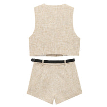 Load image into Gallery viewer, HH Women Summer Fashion Shorts Set Single-Breasted Crew Neck Waistcoat Tops+Slim With Belt Culottes Office Lady Texture Suit - Dollhouse-Collection