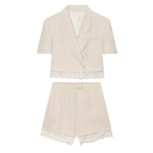 Load image into Gallery viewer, Ladies Casual Chic Spring Summer Women Short Tops Blazer Solid Suit V Neck Single Button Lace Zipper Pockets Shorts Set Outfits - Dollhouse-Collection