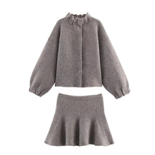 Load image into Gallery viewer, Women's Knitted Jacket Skirt Set Grey Wool Blend Cropped High Neck Jacket And Mini Flared Skirt For Women Fashion Casual XIW6 - Dollhouse-Collection