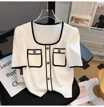 Load image into Gallery viewer, Summer Sweater Women's Knit T-shirt Casual Short Sleeve Woman Clothes Versatile Square Collar Lady Pullover Knitwear Tops Jumper - Dollhouse-Collection