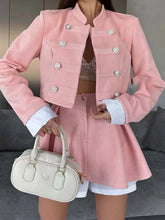 Load image into Gallery viewer, Fashion Stand Neck Blazer Coat with Skirt Outfits Casual Full Sleeve 2Pc Mini Suit Elegant Single breasted Patchwork Skirt Sets - Dollhouse-Collection