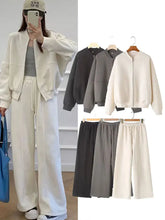 Load image into Gallery viewer, HH Women's Fall 2-Piece Retro Solid Color Zip Bomber Jacket Sweatshirt+High Waist Lace Up Women's Wide Leg Pants Street Wear - Dollhouse-Collection