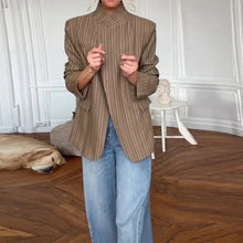 Load image into Gallery viewer, Elegant Stripe Blazer Women Loose Full Sleeve Stand Collar Single Breasted Coats Female 2026 Fashion Spring Outwear Lady - Dollhouse-Collection
