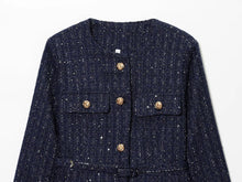 Load image into Gallery viewer, HH Autumn Office Lady Commuting Sequin Blazer O Neck Single Breasted Long Sleeves Belted With Buttons Women's Fashion Coats - Dollhouse-Collection
