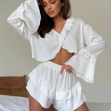 Load image into Gallery viewer, Autumn Ladies Nightwear Suit V-Neck Pajamas Long Sleeve Sleepwear Crop Top Nightgown Shorts Casual Female Nightie Set - Dollhouse-Collection
