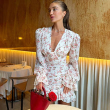 Load image into Gallery viewer, Ticketsx Fashion Floral Print Mini Dress V-Neck Contrast Pleated Patchwork Women's Dresses Elegant Summer Street Vacation Dress - Dollhouse-Collection