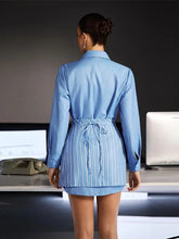Load image into Gallery viewer, Wrap Skirt Striped Women Two-Piece Set Collared Long Sleeve Shirt With Tie Waist Button Front Casual Matching Outfit - Dollhouse-Collection