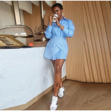 Load image into Gallery viewer, Wrap Skirt Striped Women Two-Piece Set Collared Long Sleeve Shirt With Tie Waist Button Front Casual Matching Outfit - Dollhouse-Collection
