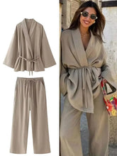 Load image into Gallery viewer, HH Women Loose Wide Leg Pant Set Fashion Lapel V Neck Long Sleeve Thin Blazer Coat With Belt 2024 Summer Ladies Solid Suit - Dollhouse-Collection
