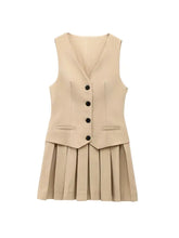Load image into Gallery viewer, Women's V-Neck Sleeveless Pleated Mini Dress Fashion Front Button Female Vestidos Mujer - Dollhouse-Collection