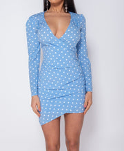 Load image into Gallery viewer, Baby Blue Polka Dot V Neck Wrapover Front Bodycon Mini Dress -  Dollhouse-Collection