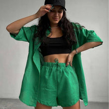 Load image into Gallery viewer, Emerald green shirt and short coord set Dollhouse-Collection