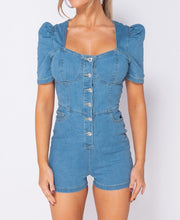 Load image into Gallery viewer, Light Blue Denim Button Up Front Puff Sleeve Playsuit - Dollhouse-Collection