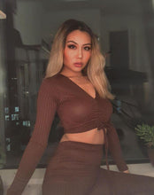 Load image into Gallery viewer, Rib knit tie front lounge set brown - Dollhouse-Collection