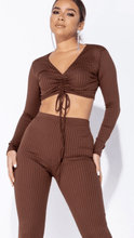 Load image into Gallery viewer, Rib knit tie front lounge set brown - Dollhouse-Collection