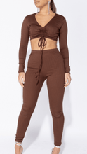 Load image into Gallery viewer, Rib knit tie front lounge set brown - Dollhouse-Collection