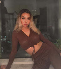 Load image into Gallery viewer, Rib knit tie front lounge set brown - Dollhouse-Collection