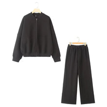 Load image into Gallery viewer, HH Women's Fall 2-Piece Retro Solid Color Zip Bomber Jacket Sweatshirt+High Waist Lace Up Women's Wide Leg Pants Street Wear -  Dollhouse-Collection
