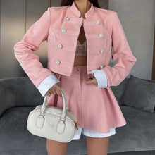 Load image into Gallery viewer, Fashion Stand Neck Blazer Coat with Skirt Outfits Casual Full Sleeve 2Pc Mini Suit Elegant Single breasted Patchwork Skirt Sets -  Dollhouse-Collection
