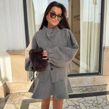Load image into Gallery viewer, Tuularose Women Knit Dress Sets Gray Aviator Jacket Coat High Waisted Skirt Sets Autumn New Party Office Lady Female Dress Sets -  Dollhouse-Collection
