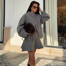 Load image into Gallery viewer, Tuularose Women Knit Dress Sets Gray Aviator Jacket Coat High Waisted Skirt Sets Autumn New Party Office Lady Female Dress Sets -  Dollhouse-Collection
