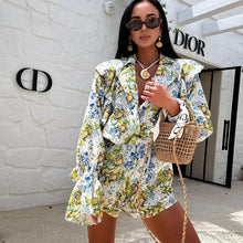 Load image into Gallery viewer, Elegant Green Print 2 Pieces Set for Woman Fashion Lapel Long Sleeve Ruffled Button Shirts and High Waisted Shorts Sets Suit -  Dollhouse-Collection
