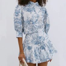 Load image into Gallery viewer, Fashionable Casual Printed Skirt Sweet Suit Office Commuter Women Stand-up Collar Shirt And A-line Dress Printed Blue Skirt Suit -  Dollhouse-Collection

