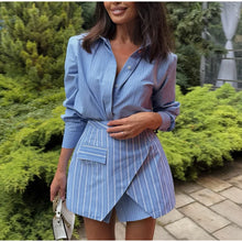 Load image into Gallery viewer, Wrap Skirt Striped Women Two-Piece Set Collared Long Sleeve Shirt With Tie Waist Button Front Casual Matching Outfit -  Dollhouse-Collection
