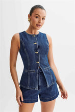 Load image into Gallery viewer, Summer Women's Denim Shorts Suit Sleeveless O-neck Single Breasted Split Top Vest High Waist Wide Leg Shorts 2024 Lady Sets -  Dollhouse-Collection
