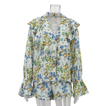 Load image into Gallery viewer, Elegant Green Print 2 Pieces Set for Woman Fashion Lapel Long Sleeve Ruffled Button Shirts and High Waisted Shorts Sets Suit -  Dollhouse-Collection
