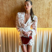 Load image into Gallery viewer, Ticketsx Fashion Floral Print Mini Dress V-Neck Contrast Pleated Patchwork Women's Dresses Elegant Summer Street Vacation Dress -  Dollhouse-Collection
