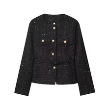 Load image into Gallery viewer, HH Autumn Office Lady Commuting Sequin Blazer O Neck Single Breasted Long Sleeves Belted With Buttons Women's Fashion Coats -  Dollhouse-Collection
