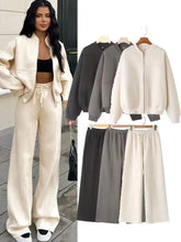 Load image into Gallery viewer, HH Women's Fall 2-Piece Retro Solid Color Zip Bomber Jacket Sweatshirt+High Waist Lace Up Women's Wide Leg Pants Street Wear -  Dollhouse-Collection

