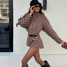Load image into Gallery viewer, Elegant Plaid Short Set Women Casual Chic Full Sleeve Zipper Jacket High Waist Pockets Shorts Two Piece Sets Office Suit Commute -  Dollhouse-Collection
